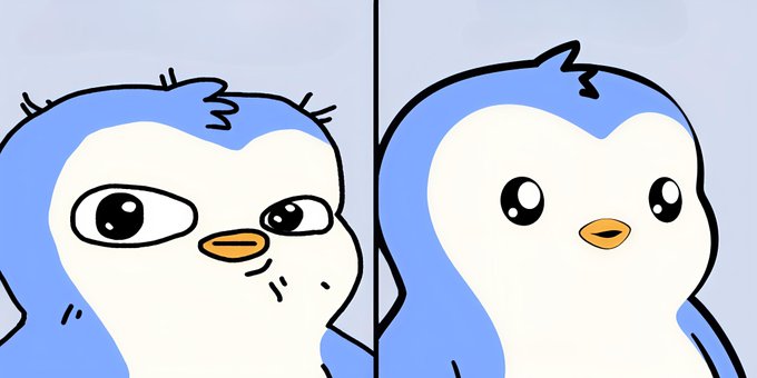 A split-panel cartoon shows two blue and white penguin-like characters side by side, with the left character displaying an unimpressed side-eye expression.