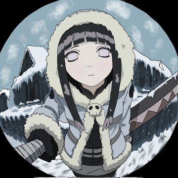 An anime-style illustration of a girl in a fur-lined parka with blank white eyes and a skull clasp, standing in a snowy landscape, holding what appears to be a weapon.