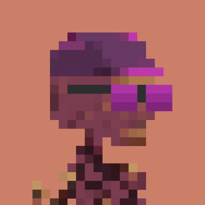 A pixel art profile image of a stylized head and torso in dark purple and pink tones against a solid peach background.