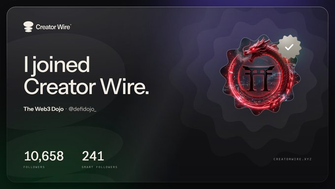 The image is a Creator Wire membership announcement card for "The Web3 Dojo" (@defidojo_), showing they joined Creator Wire with 10,658 followers and 241 smart followers, featuring a red dragon emblem. The accompanying post celebrates the user's milestone of working with 500+ projects and 400+ AMAs, expressing enthusiasm about what Creator Wire and LunarStrategy are building, suggesting this card represents their recognition and growth within the Web3 community they've long contributed to.