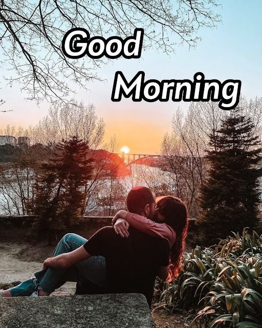 A sunset photo of a couple embracing on a stone ledge with trees and a body of water in the background, overlaid with the text 'Good Morning'.