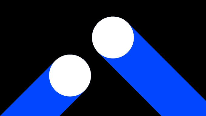 Abstract logo on a black background featuring two white circles emitting parallel blue beams in opposite directions.