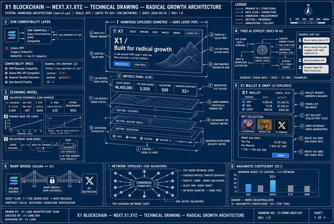 A complex technical drawing titled "X1 BLOCKCHAIN — NEXT.X1.XYZ — TECHNICAL DRAWING — RADICAL GROWTH ARCHITECTURE," featuring diagrams for SVM compatibility, homepage metrics, AI copilots, wallet exchanges, and network topology.