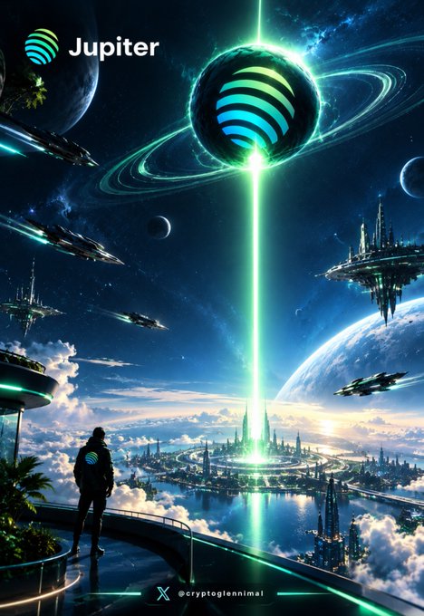 A sci-fi promotional image for Jupiter crypto featuring a futuristic cityscape, spaceships, and a large glowing planet with the Jupiter logo and '@cryptoglennimal' credit.