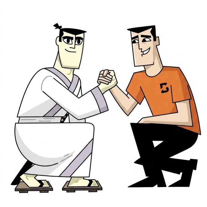 The cartoon image shows Samurai Jack (in traditional white robes) kneeling on one knee while clasping hands with Professor Utonium (wearing an orange "B" shirt), as part of a humorous crossover blend combining the anime warrior with the Powerpuff Girls' scientist.