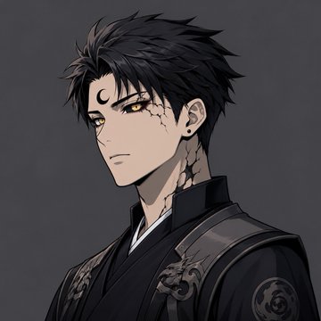An anime-style illustration of a young man with black spiky hair, amber eyes, facial markings, and a crescent moon symbol on his forehead, wearing a dark traditional garment.