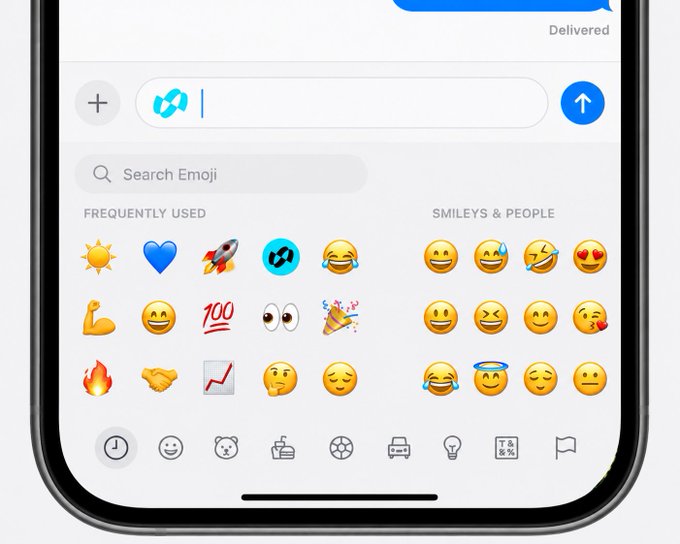 The image shows an iPhone's emoji keyboard with a custom BitradeX (BRX) token icon—featuring a stylized rocket-into-coin design—appearing as the first "Frequently Used" emoji, cleverly suggesting it should become an official emoji. The screen displays standard categories like "Smileys & People" and common emojis including 😎, 💯, 🔥, and 🤝, with "Delivered" visible at the top of a message thread.