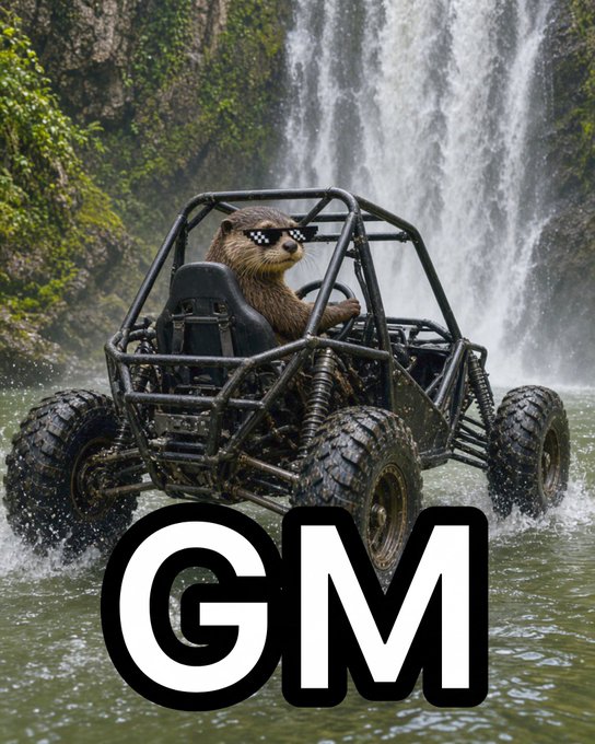 A meme-style image shows an otter wearing pixelated sunglasses driving a rugged buggy through water at the base of a waterfall, with the bold letters 'GM' overlaid.