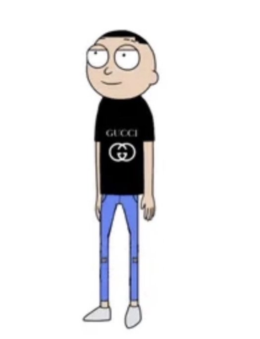 A cartoon character (Morty from Rick and Morty) wearing a black Gucci t-shirt and blue jeans, standing with a blank expression against a white background.