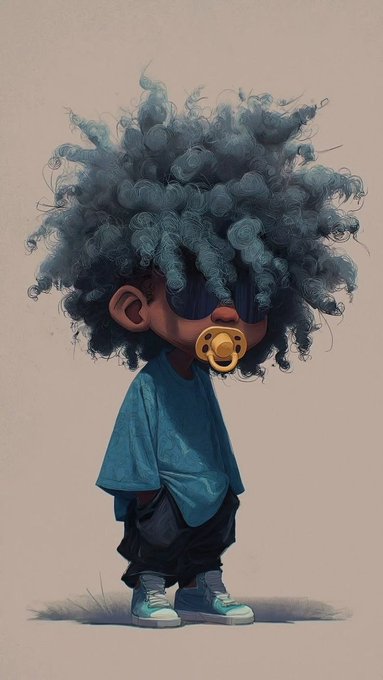A stylized digital illustration depicts a young child with large, curly blue hair wearing a yellow pacifier, an oversized blue shirt, dark pants, and sneakers.