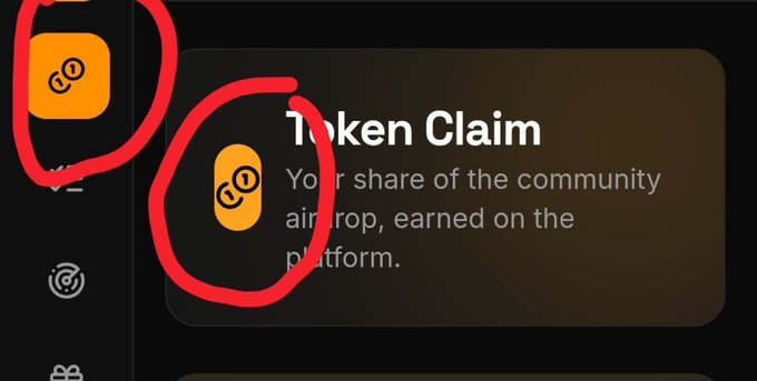 The image shows a "Token Claim" interface with an orange chain-link icon, featuring text that reads "Your share of the community airdrop, earned on the platform," with red circles highlighting the icon and menu elements. This relates to the post's warning about not paying a $3 fee, as the visuals suggest a similar airdrop claim structure that users are being advised to scrutinize before paying.