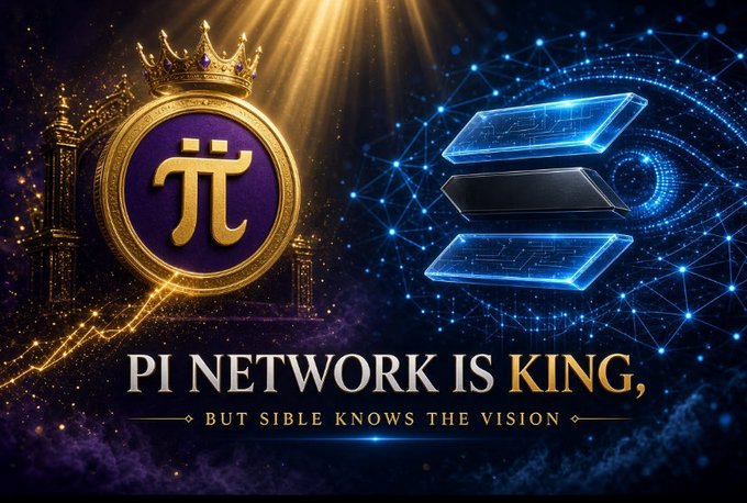 A regal gold crown and ornate medallion bearing the Pi Network's π symbol sits beside a glowing blue Solana-style stacked blockchain icon, with the bold caption "PI NETWORK IS KING, BUT SIBLE KNOWS THE VISION" reinforcing the post's message that Pi reigns in crypto recognition while Sible's referral-based mining boosts empower users to grow their network and hashrate.