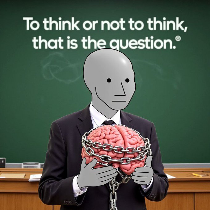 A surreal illustration of a faceless figure in a suit holding a chained brain in front of a chalkboard reading 'To think or not to think, that is the question.'