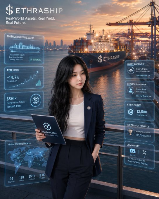 Promotional graphic for $ETHRASHIP featuring a woman in a blazer holding a tablet, with text panels advertising tokenized shipping assets, +14.7% real yield, $SHIP governance token, and a global maritime network spanning 24 countries and 128 ports.