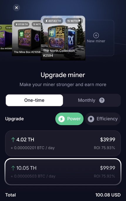 A screenshot of a 'Upgrade miner' page, showing options to purchase mining power with prices in USD and expected ROI percentages.