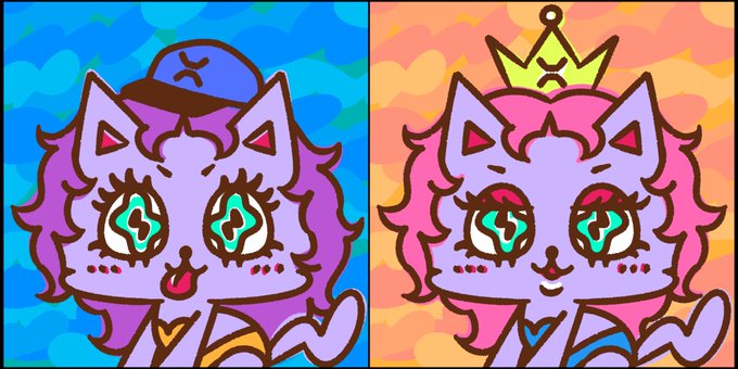 A split-panel cartoon illustration of a purple cat character with big eyes, wearing a blue cap on the left and a yellow crown on the right.