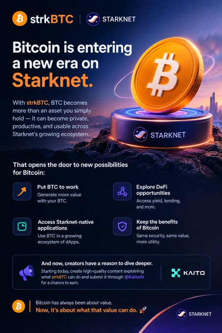 A promotional infographic for strkBTC by Starknet, headlined 'Bitcoin is entering a new era on Starknet', features a gold Bitcoin coin and lists benefits including 'Put BTC to work', 'Explore DeFi opportunities', 'Access Starknet-native applications', and 'Keep the benefits of Bitcoin'.