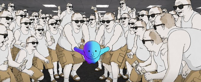 The image features a group of men standing together, with one man holding up a blue face or cartoon character above his head. The other men are wearing sunglasses and appear to be posing for a photo. The caption reads "avg. sol shorters pov before manlets and uncs will absolutely destroy them open the gates". This suggests that the group of men is part of an event, possibly a party or gathering, where they are all dressed up and posing together with the blue character above their heads as a fun and unique way to capture memories.