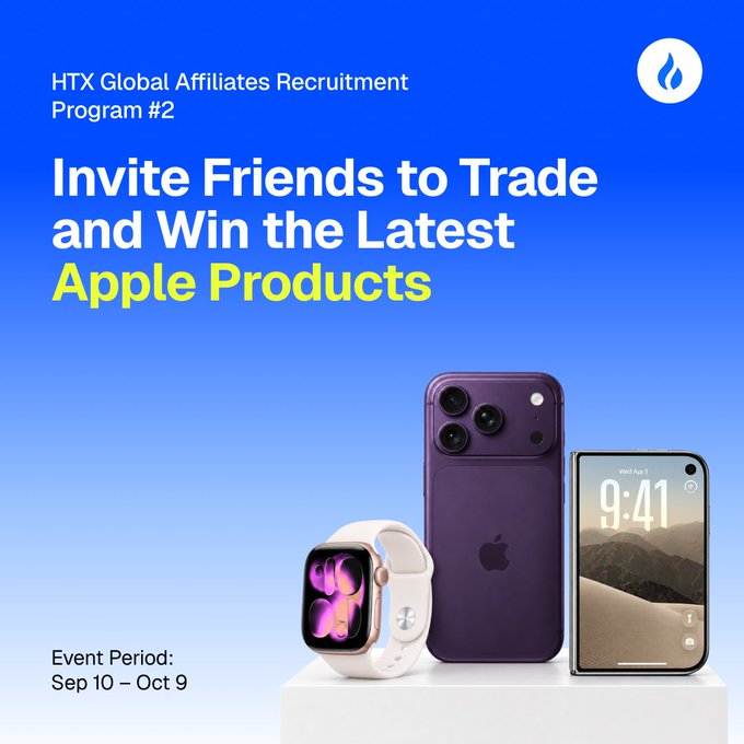 A promotional graphic for the "HTX Global Affiliates Recruitment Program #2" invites participants to refer friends to trade and win Apple products, featuring images of a purple iPhone, a smartwatch, and a flip phone against a blue gradient background, with the event period listed as September 10 – October 9.