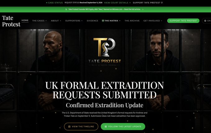 Screenshot of the 'Tate Protest' website announcing 'UK FORMAL EXTRADITION REQUESTS SUBMITTED' with the subtitle 'Confirmed Extradition Update', noting the U.S. State Department received the requests for Andrew and Tristan Tate on September 9.