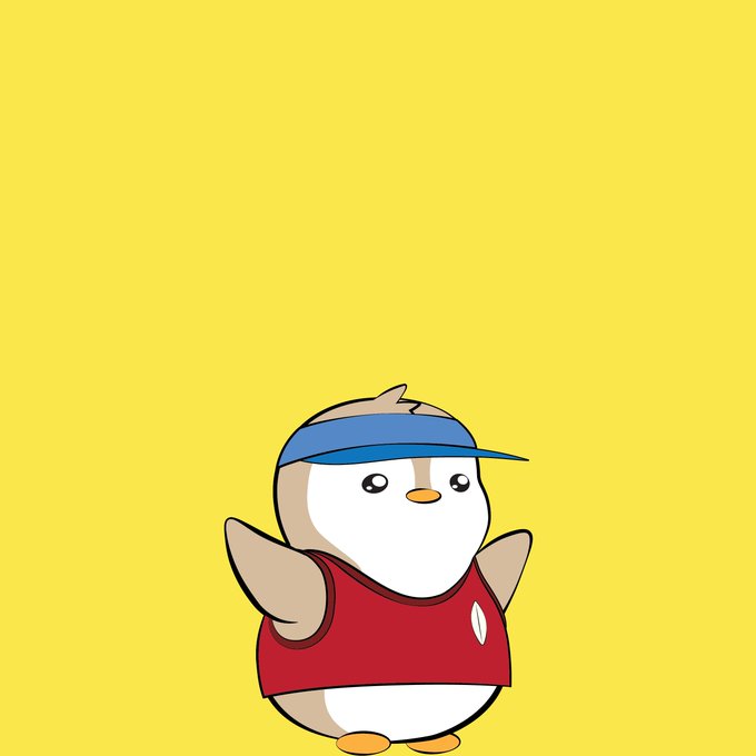 A cartoon illustration of a small penguin wearing a red shirt and blue visor on a yellow background.