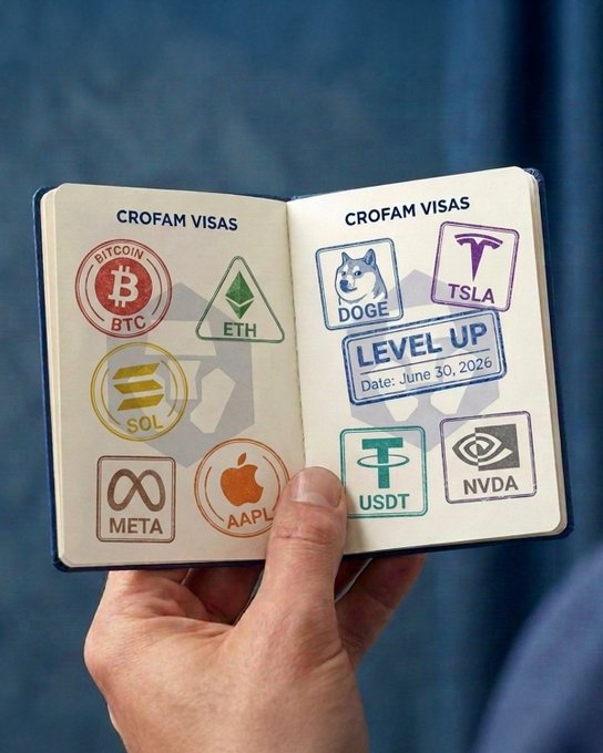 A hand holds open a "CROFAM VISAS" passport filled with branded stamps for top tickers including BTC, ETH, SOL, DOGE, TSLA, AAPL, META, USDT, and NVDA, alongside a "LEVEL UP — Date: June 30, 2026" stamp—visually echoing the message that one passport unlocks rewards across crypto and stocks alike.