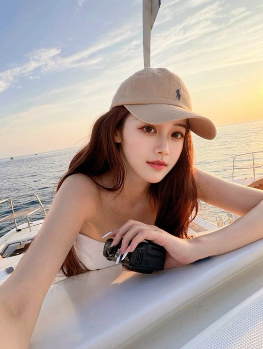 A young woman wearing a beige Polo cap poses on a boat at sunset, holding a Sony camera and appearing to take a selfie.