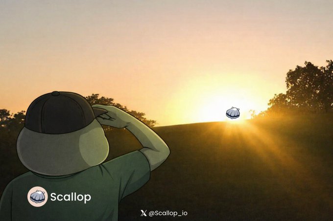 The image features a man wearing a hat with "Scallop" written on it, looking up at the sky as the sun sets behind him. The background of the image shows trees against a sunset backdrop, creating an atmosphere of serenity and contemplation. The caption below the image reads, "What makes @Scallop_io stand out isn'e just the numbers, it's the infrastructure behind them". This implies that the company behind Scallop is focused on providing efficient and secure cloud-based solutions for businesses.