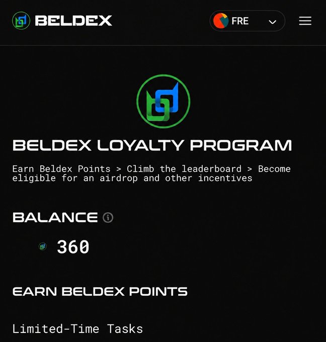 Screenshot of the Beldex Loyalty Program webpage showing a balance of 360 Beldex points, with text encouraging users to earn points and climb the leaderboard for airdrops.