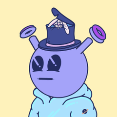 A cartoonish purple character with a blue hat and a bored expression sits against a plain yellow background.
