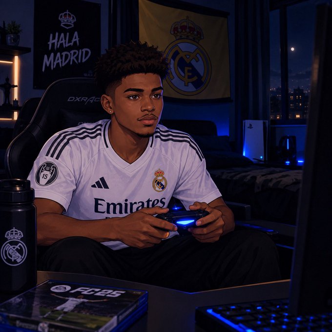 An illustrated image of a young man wearing a Real Madrid jersey featuring '15', 'Emirates', and Adidas logos, holding a glowing controller with 'HALA MADRID' and Real Madrid banners behind him, alongside a water bottle and 'FC 25' game.