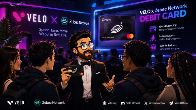 A promotional illustration for the "VELO × Zebec Network" partnership features a bespectacled, bearded presenter in a suit holding up a black "Orbit+" debit card to a diverse, attentive crowd. Large neon-lit screens behind him advertise the "VELO × Zebec Network DEBIT CARD," highlighting benefits like "Global Spending," "Instant Access," and "Built for Builders," with social handles for "Velo Official" (@veloprotocol) at the bottom. The image directly supports the post's message of bridging the gap between digital Web3 assets and real-life utility by showcasing the physical payment card as the tangible solution for everyday spending.