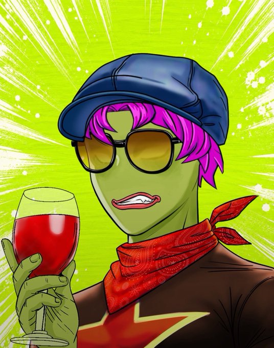 Stylized cartoon illustration of a green-skinned character with pink hair, wearing a blue cap, sunglasses, and red bandana, holding a glass of red wine against a bright green background.