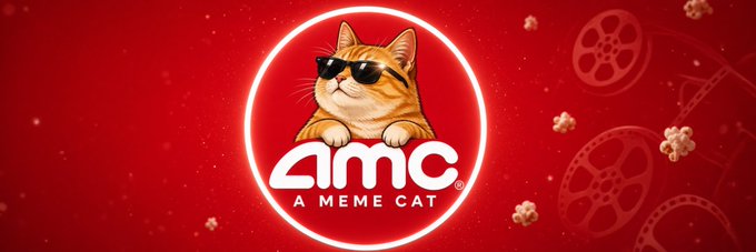 A red banner features a cool orange cat wearing sunglasses inside a glowing circle, with the text "AMC - A MEME CAT" displayed prominently below, along with popcorn and film reel graphics, serving as the new banner image for the Solana token $AMC.