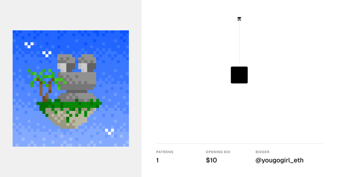 A Foundation NFT auction page showing a pixel art piece of a creature on a floating island, with 1 patron, an opening bid of $10, and the bidder @yougogirl_eth.