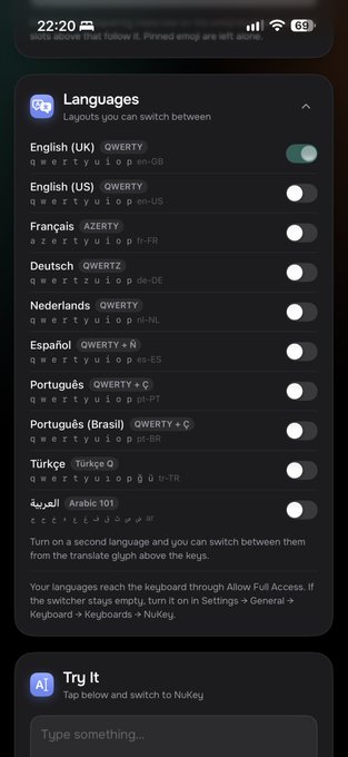 A smartphone settings screen showing the Languages menu in the NuKey app with multiple keyboard layout options like English, Français, Deutsch, and others.