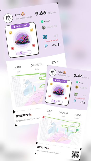 STEP'N app screenshots showing run stats, including 'Cyber' username, 'Walker Lv20' NFT sneakers, GST earnings (9.66 and 0.47 GST/Min), distances (4.00 km and 2.65 km), and slot data.