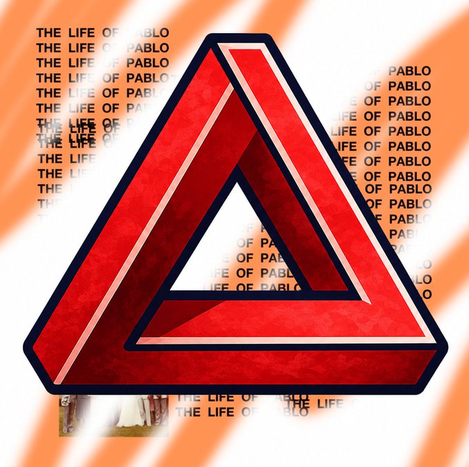 A red Penrose triangle (impossible triangle) graphic overlaid on a repeating background pattern reading 'THE LIFE OF PABLO' in light text.