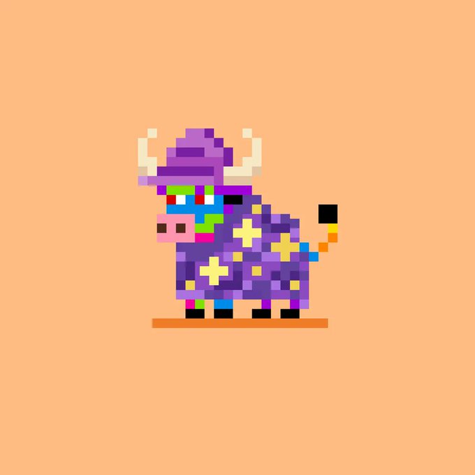 A pixel art illustration depicts a purple cow-like creature wearing a wizard hat and decorated with yellow stars, standing on an orange background.