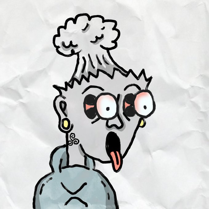 A cartoon illustration shows a wide-eyed character with bulging, bloodshot eyes, spiky gray hair, a dangling earring, and a tongue lolling out, set against a crumpled paper background. The grotesque, exaggerated "punx" art style fits the edgy aesthetic of the Punx NFT collection (#209) being sold on the XRPL, matching the post's promotion of the project.