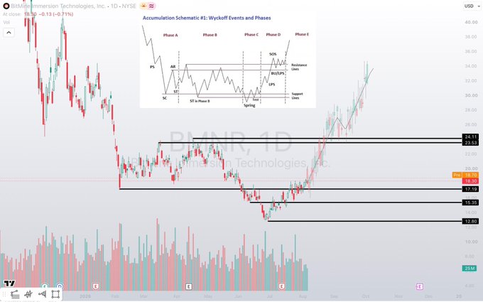 A TradingView stock chart of 'Bitdeer Technologies, Inc. - 1D - NYSE' showing price action with an inset 'Accumulation Schematic #1: Wyckoff Events and Phases' diagram.