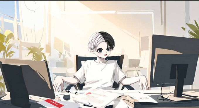 An anime-style illustration of a character with half-white, half-black hair working at a cluttered office desk with computer monitors in a sunlit room.