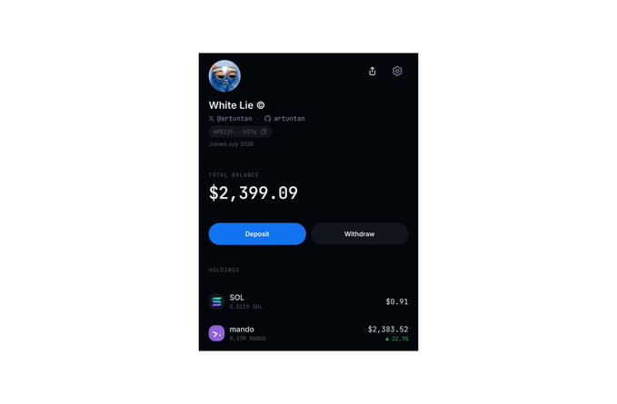 A dark-themed dashboard screenshot shows "White Lie" user profile (X: @artuntan, @artuntan) with a total balance of $2,399.09, displaying holdings of SOL ($0.91) and mando ($2,383.52). The image appears to support the post's claim about TribeDotRun by showcasing a user's portfolio with tokenized assets and deposit/withdraw functionality.