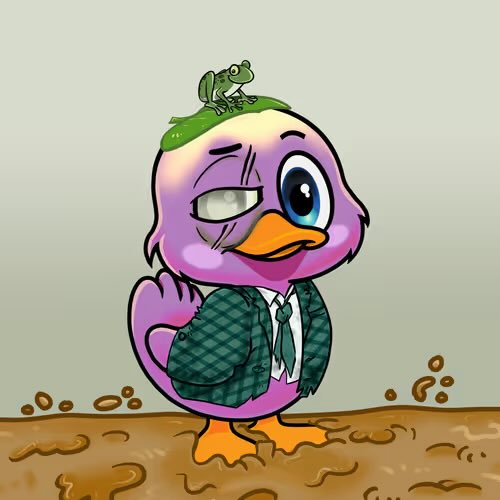 An illustrated cartoon of a purple duck character wearing a green plaid suit and tie, with a small green frog sitting on its head, standing on muddy ground.
