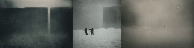 A black-and-white triptych of grainy, atmospheric photographs shows a tall waterfall, two silhouetted figures in a snowy landscape, and a misty scene with a small moon.