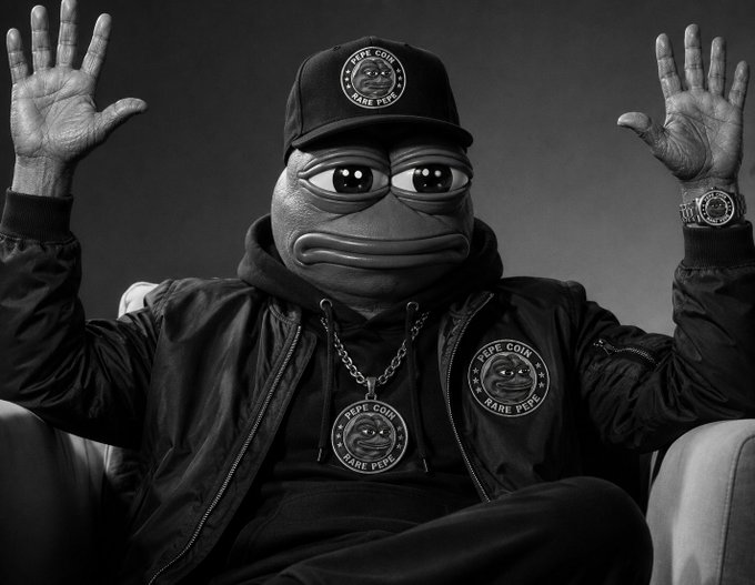 A black and white image of a person in a hoodie wearing a Pepe the Frog mask, raising both hands up, with "PEPE COIN RARE PEPE" logos on the cap and clothing.