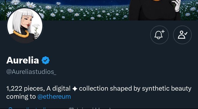 A Twitter/X profile for 'Aurelia' (@Aureliastudios_) with a verified checkmark, promoting '1,222 pieces, A digital ◆ collection shaped by synthetic beauty coming to @ethereum'.