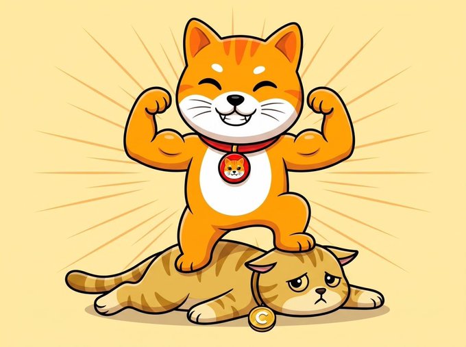 A muscular orange cartoon cat with a red collar flexes triumphantly while standing atop a grumpy, flattened orange tabby cat beneath it, visually illustrating the post's "cat season" theme by depicting feline dominance and the dethroning of the dog meta (Dogecoin/SHIB) that defined the previous crypto cycle.