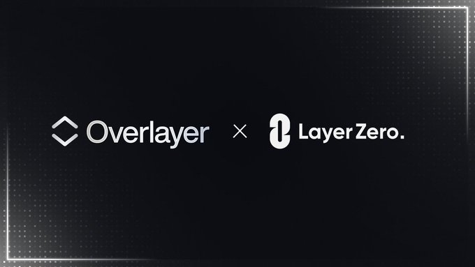 A dark graphic displaying the logos for 'Overlayer' and 'LayerZero' separated by an 'x' symbol, framed by a glowing white border.