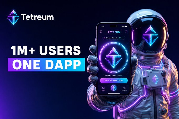 The promotional image showcases an astronaut in a futuristic suit holding a smartphone displaying the Tetreum DApp, featuring the tagline "1M+ USERS ONE DAPP." This visually reinforces the post's message about Tetreum's growing ecosystem, highlighting that over one million users are now utilizing their all-in-one Layer-1 platform with integrated bridge, DEX, staking, and mining features.